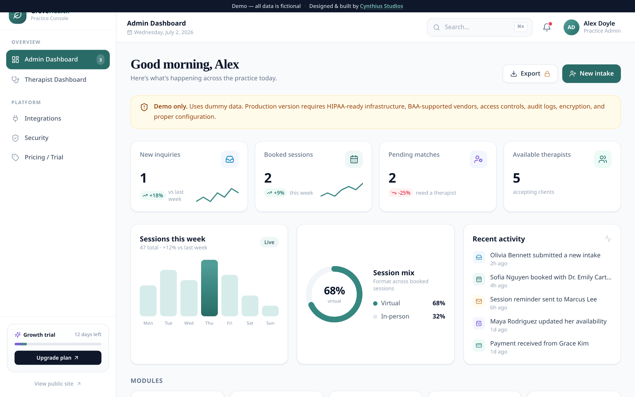 GroveHealth demo — admin console with bookings and providers
