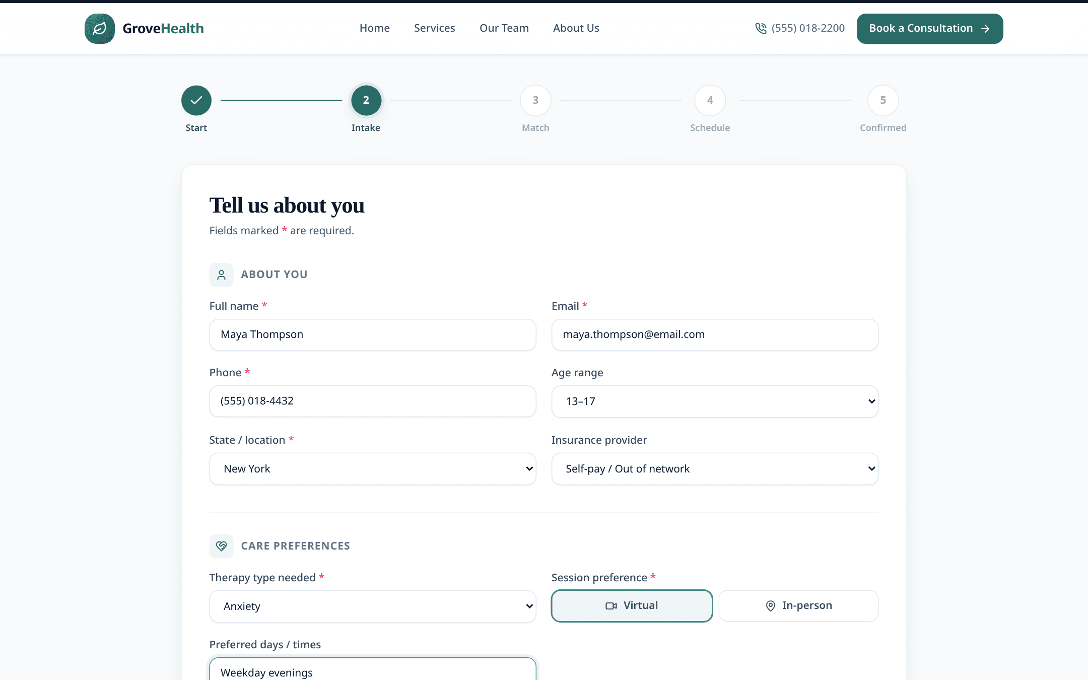 GroveHealth demo — client intake form step