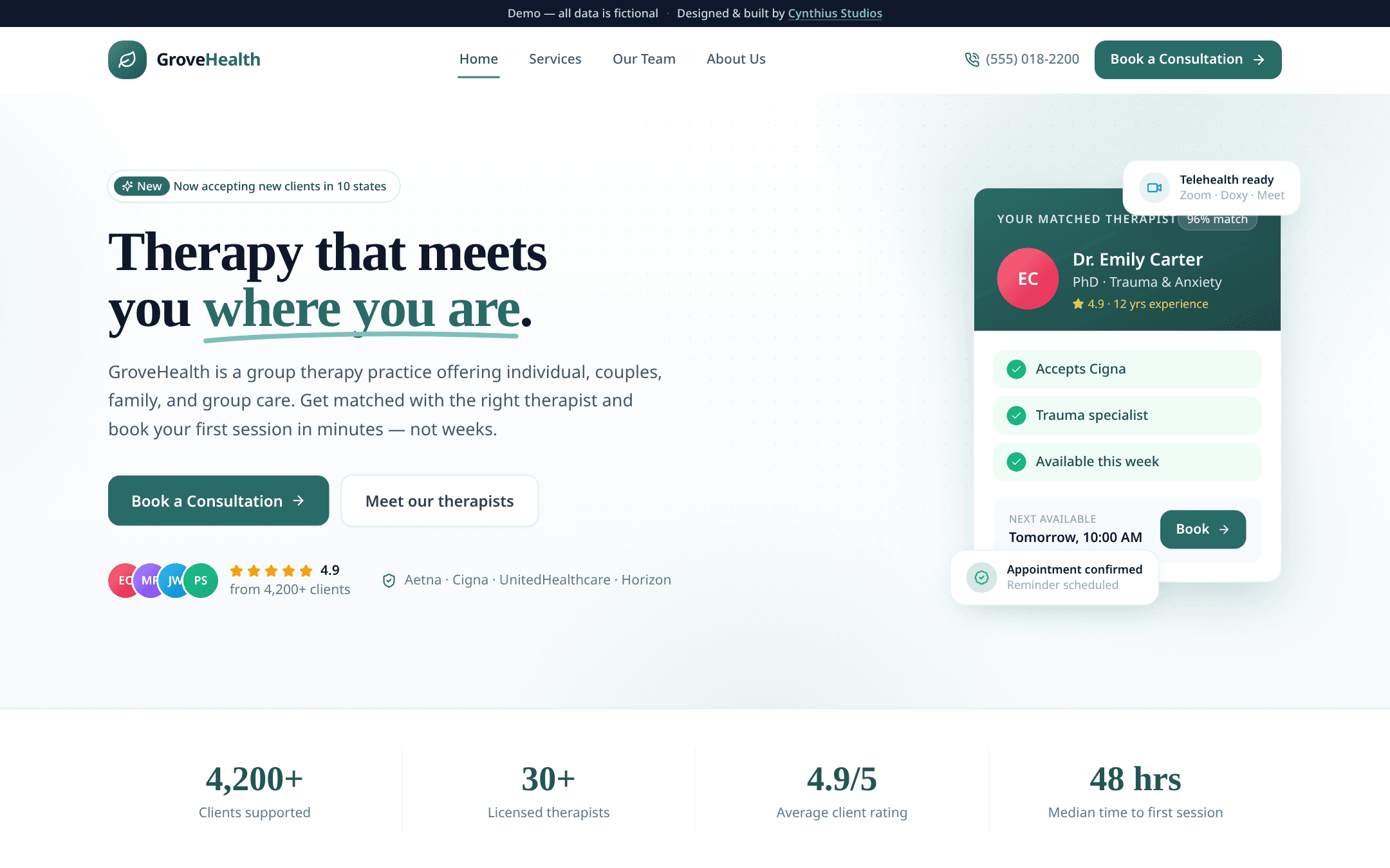 GroveHealth demo — instant-loading booking landing page