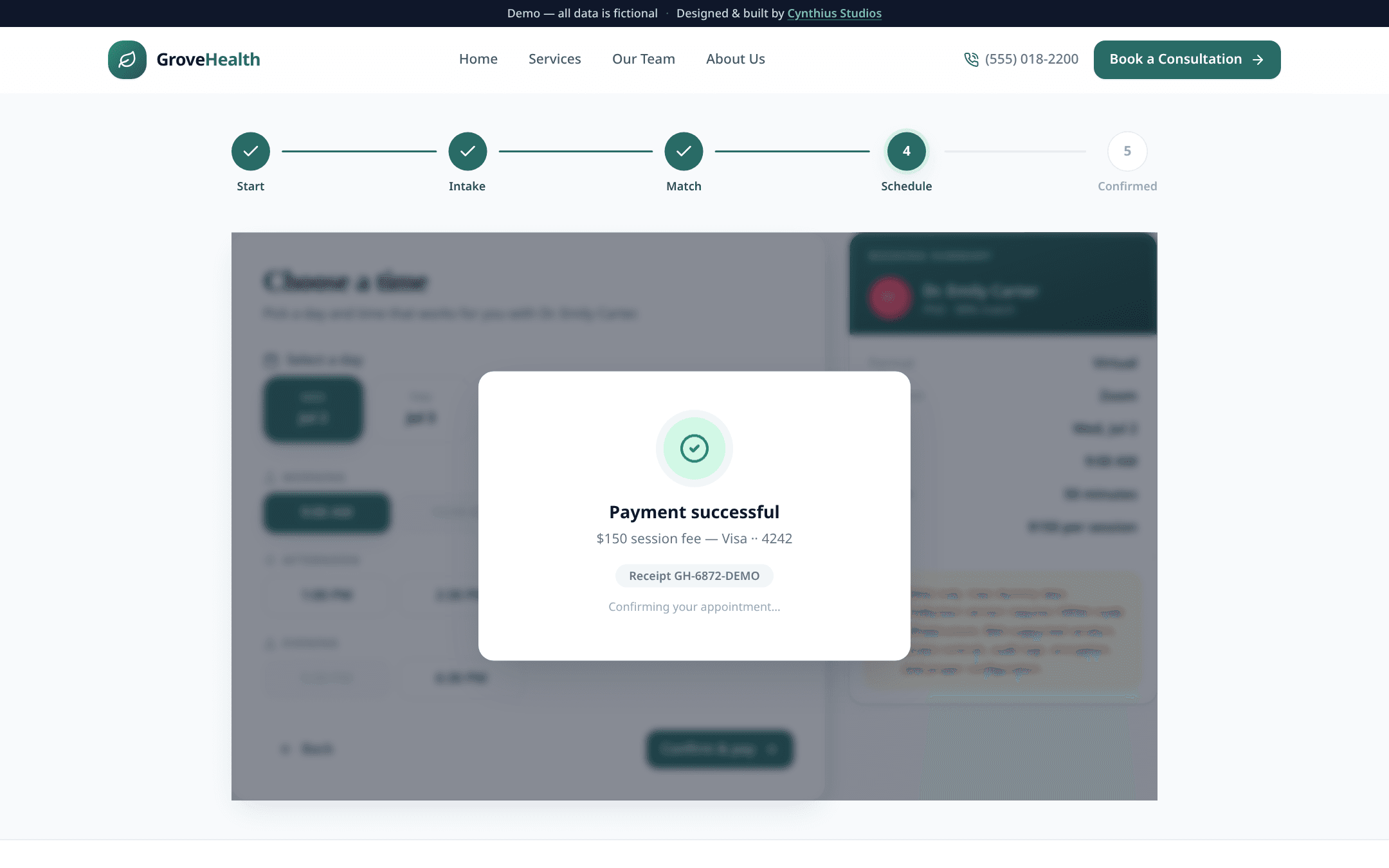 GroveHealth demo — in-flow payment confirmation