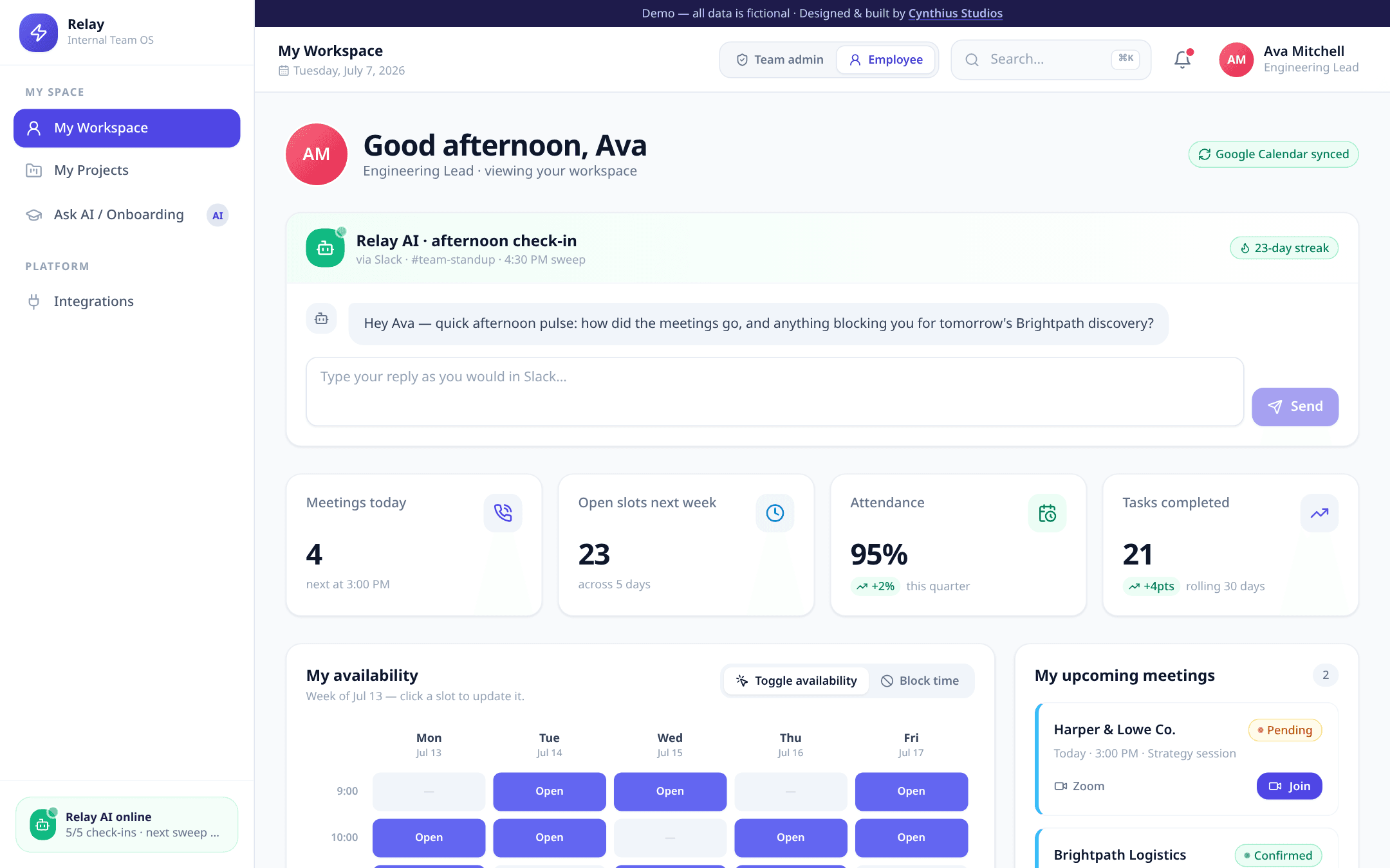 Relay demo — employee workspace with AI check-in