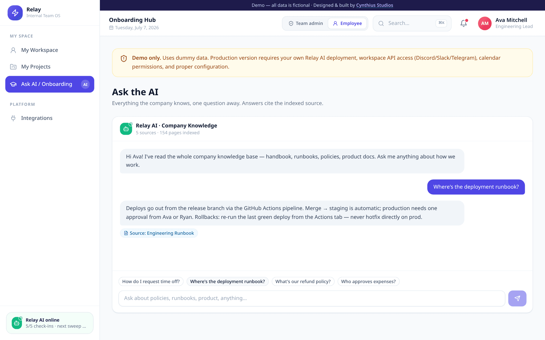 Relay demo — AI onboarding hub